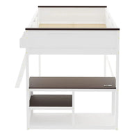 Lit mezzanine taille Queen avec bureau intégré et boîte de rangement, cadre de lit mezzanine en bois avec étagère ouverte et station de charge USB