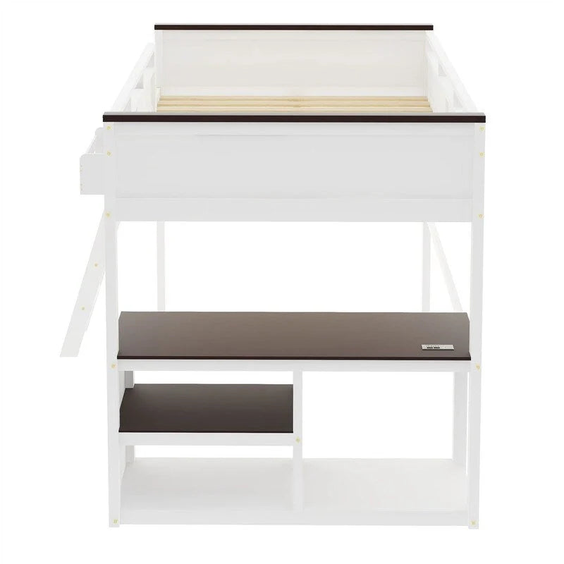 Lit mezzanine taille Queen avec bureau intégré et boîte de rangement, cadre de lit mezzanine en bois avec étagère ouverte et station de charge USB