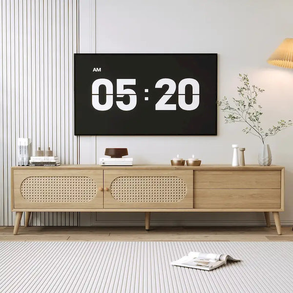 Meuble TV pour TV jusqu'à 80, console multimédia Modern Farmhouse, meuble multimédia avec pieds en bois massif