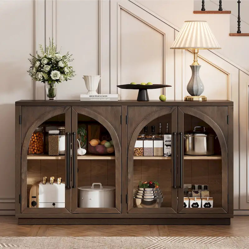 Bahut de rangement 4 portes avec vitrines, meuble de rangement arqué avec étagères réglables