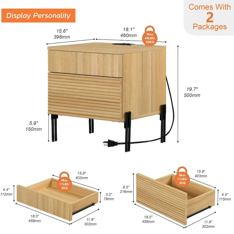 WAMPAT Table de Chevet Cannelée avec Station de Charge, Table d'Appoint Moderne avec 2 Tiroirs