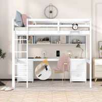 Lit mezzanine en bois Full avec bureau, armoires, tiroirs, station de charge