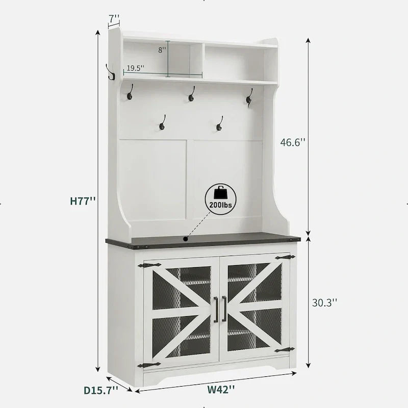 Banc d'entrée de ferme de 42 po de large avec porte-manteau, armoire de vestiaire