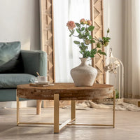 Table basse ronde à épissure rétro moderne, table basse simple avec plateau en bois de sapin et pieds croisés dorés, pour salon