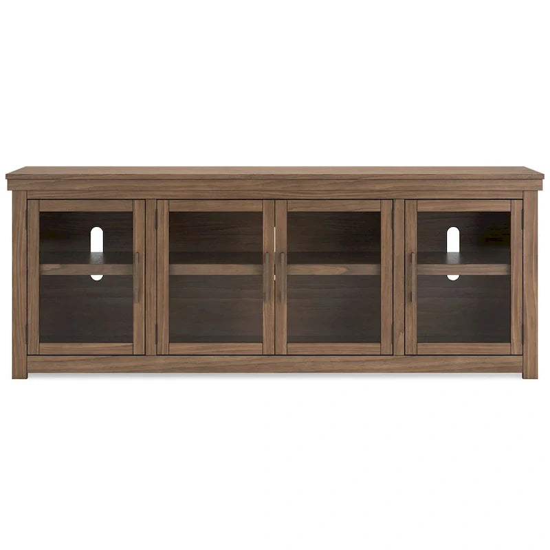 Meuble TV Olaf, 4 portes vitrées, étagères, bois marron 216 cm