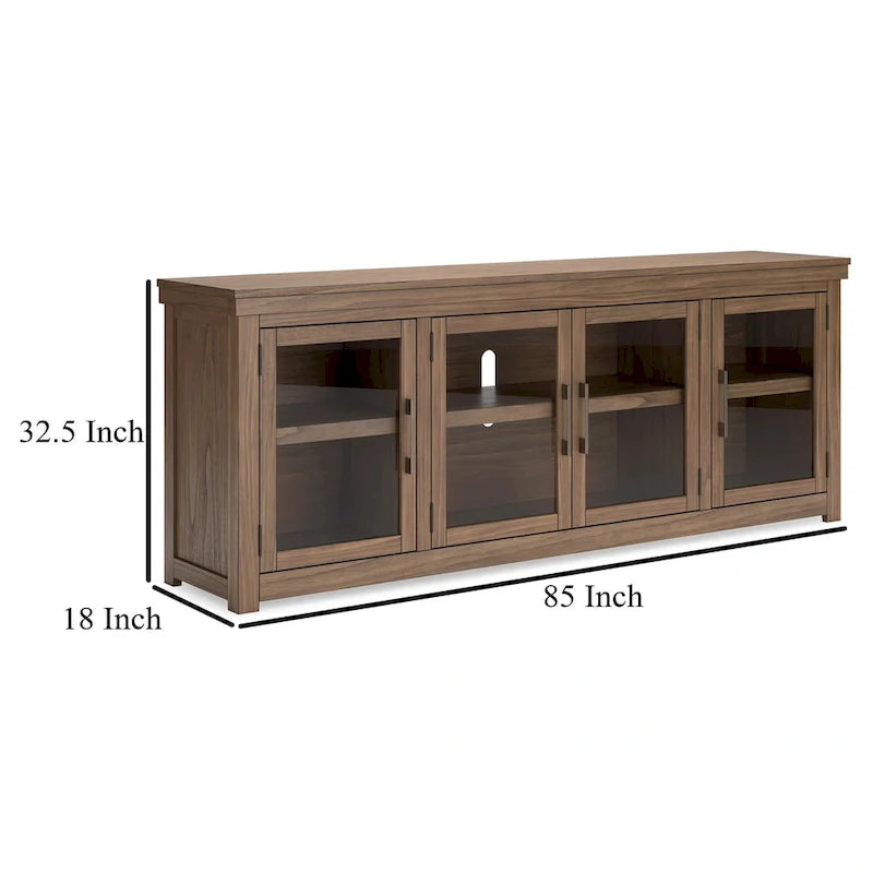 Meuble TV Olaf, 4 portes vitrées, étagères, bois marron 216 cm
