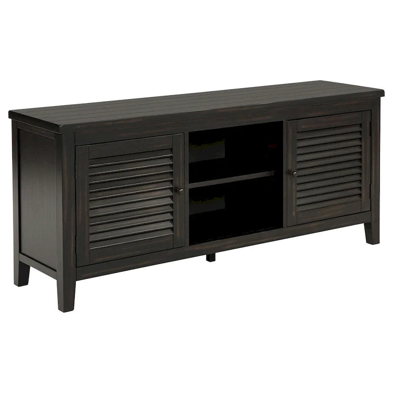 Meuble TV Coni, 2 portes et étagères, bois noir 60 pouces