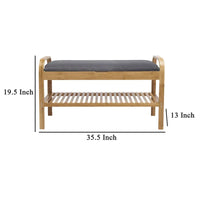 Banc de rangement pour chaussures Mindy, siège en polyester gris, bambou marron noyer, 91 cm