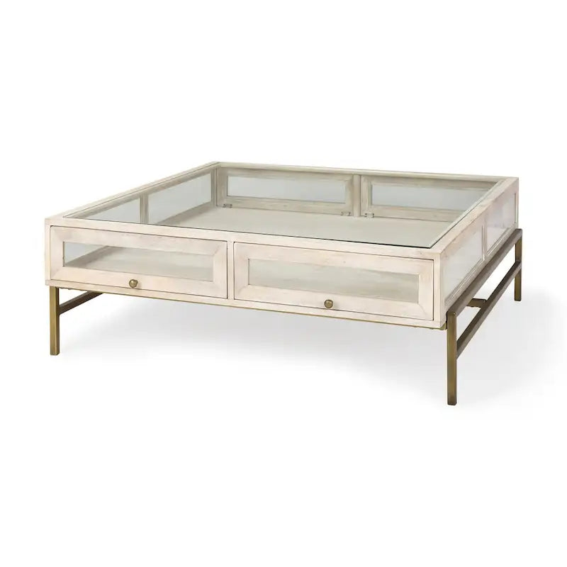 HomeRoots 44 Table basse de rangement en bois massif, verre et fer, blanc cassé, transparent et or - 43,5" x 15" x 43,5"