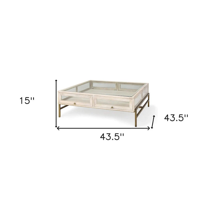 HomeRoots 44 Table basse de rangement en bois massif, verre et fer, blanc cassé, transparent et or - 43,5" x 15" x 43,5"