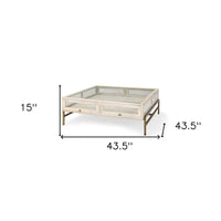 HomeRoots 44 Table basse de rangement en bois massif, verre et fer, blanc cassé, transparent et or - 43,5" x 15" x 43,5"
