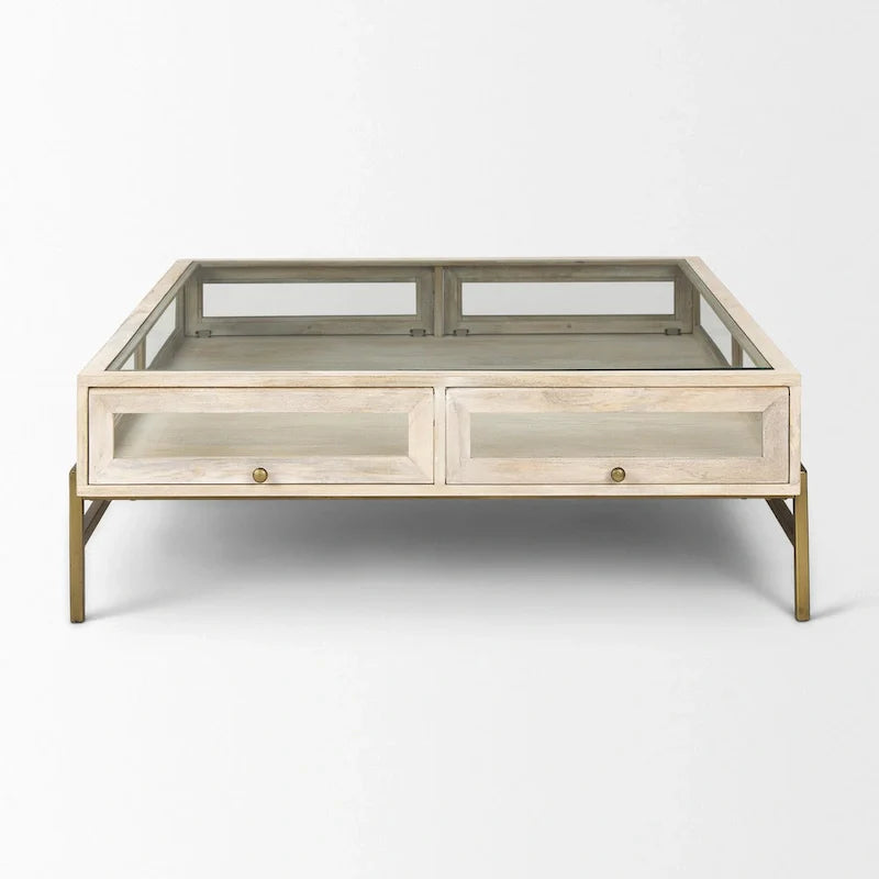 HomeRoots 44 Table basse de rangement en bois massif, verre et fer, blanc cassé, transparent et or - 43,5" x 15" x 43,5"