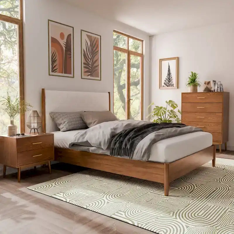 Ensemble de chambre à coucher 3 pièces en tissu bouclé, plateforme et style mid-century Beau de Furniture of America