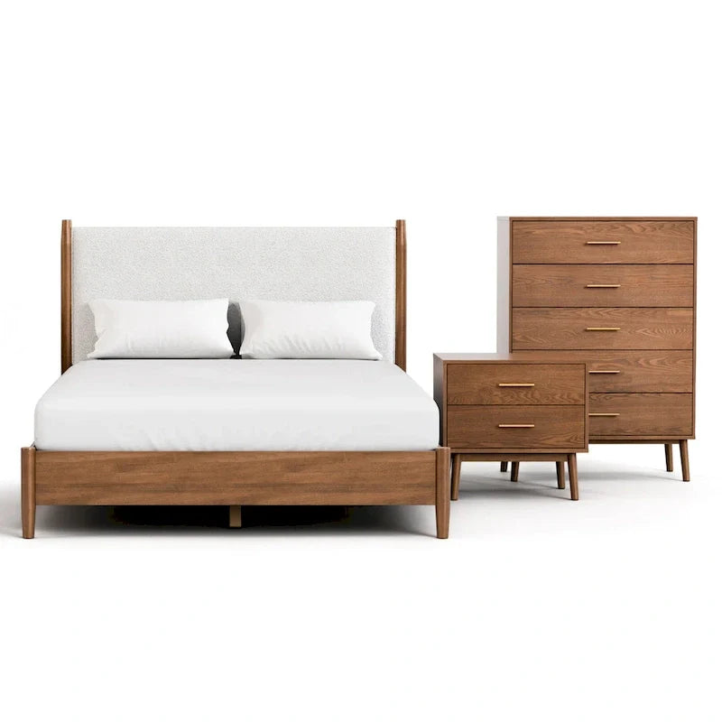 Ensemble de chambre à coucher 3 pièces en tissu bouclé, plateforme et style mid-century Beau de Furniture of America