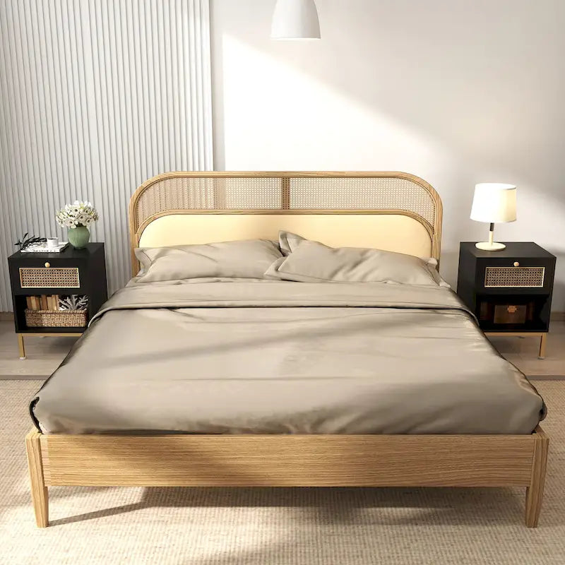 Lot de 2 tables de chevet en rotin style ferme côtier pour chambre, table d'appoint noir/blanc