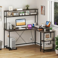 Bureau de Jeu en Forme de L Costway avec Bande LED et Prises de Courant, avec Huche - Voir Détails
