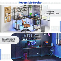 Bureau de Jeu en Forme de L Costway avec Bande LED et Prises de Courant, avec Huche - Voir Détails