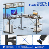 Bureau de Jeu en Forme de L Costway avec Bande LED et Prises de Courant, avec Huche - Voir Détails