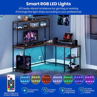 Bureau de Jeu en Forme de L Costway avec Bande LED et Prises de Courant, avec Huche - Voir Détails