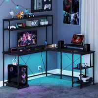 Bureau de Jeu en Forme de L Costway avec Bande LED et Prises de Courant, avec Huche - Voir Détails