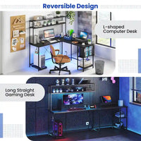 Bureau de Jeu en Forme de L Costway avec Bande LED et Prises de Courant, avec Huche - Voir Détails