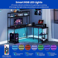 Bureau de Jeu en Forme de L Costway avec Bande LED et Prises de Courant, avec Huche - Voir Détails