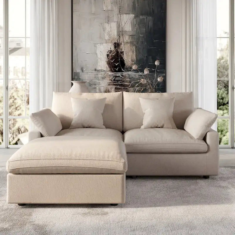 Canapé sectionnel modulable nuage avec ottoman, canapé sectionnel minimaliste en forme de L en mélange de lin pour salon, kaki