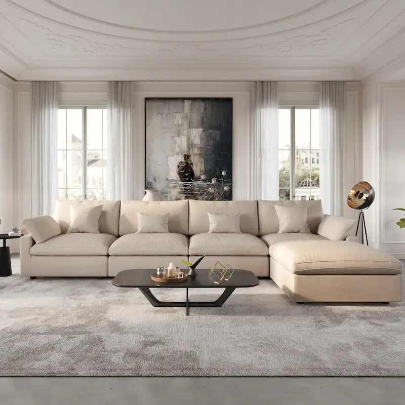 Canapé sectionnel modulable nuage avec ottoman, canapé sectionnel minimaliste en forme de L en mélange de lin pour salon, kaki