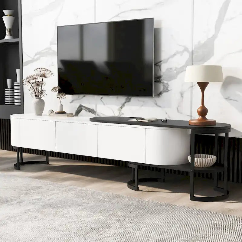 Meuble TV escamotable moderne noir et blanc avec 3 tiroirs et pieds métalliques réglables pour salon et chambre à coucher
