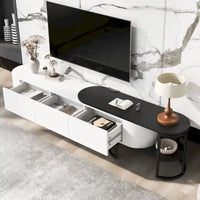 Meuble TV escamotable moderne noir et blanc avec 3 tiroirs et pieds métalliques réglables pour salon et chambre à coucher