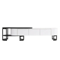 Meuble TV escamotable moderne noir et blanc avec 3 tiroirs et pieds métalliques réglables pour salon et chambre à coucher
