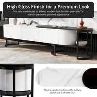 Meuble TV escamotable moderne noir et blanc avec 3 tiroirs et pieds métalliques réglables pour salon et chambre à coucher