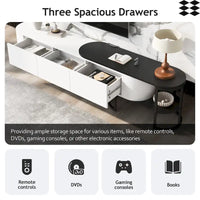 Meuble TV escamotable moderne noir et blanc avec 3 tiroirs et pieds métalliques réglables pour salon et chambre à coucher
