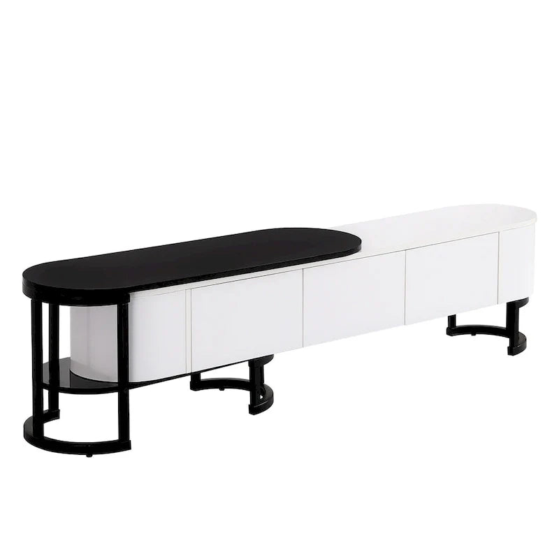 Meuble TV escamotable moderne noir et blanc avec 3 tiroirs et pieds métalliques réglables pour salon et chambre à coucher