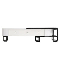 Meuble TV escamotable moderne noir et blanc avec 3 tiroirs et pieds métalliques réglables pour salon et chambre à coucher