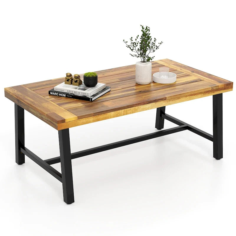 Gymax Table Basse en Bois d'Acacia Rectangulaire d'Intérieur et d'Extérieur