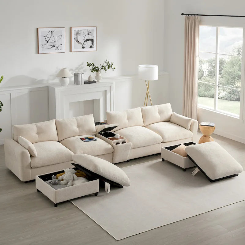 Canapé sectionnel modulable en forme de U 142 avec ottomans de rangement et console