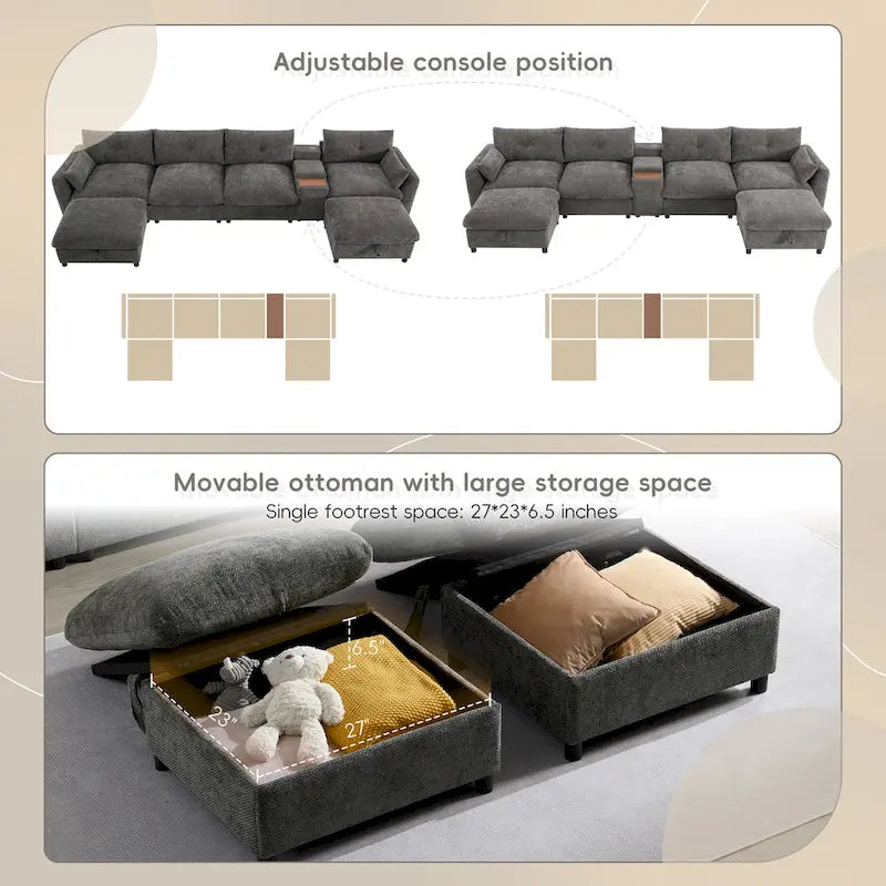 Canapé sectionnel modulable en forme de U 142 avec ottomans de rangement et console