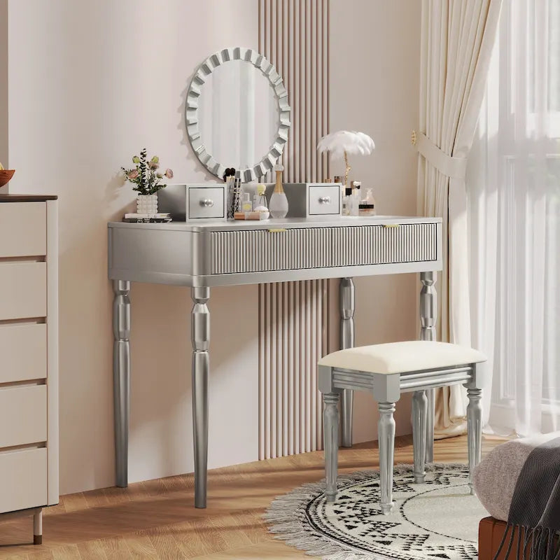 Coiffeuse de luxe avec miroir rond, hauteur réglable, ensemble coiffeuse élégant, 4 tiroirs et tabouret