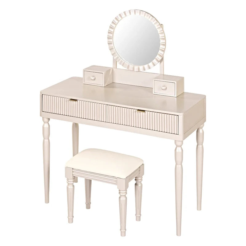 Coiffeuse de luxe avec miroir rond, hauteur réglable, ensemble coiffeuse élégant, 4 tiroirs et tabouret