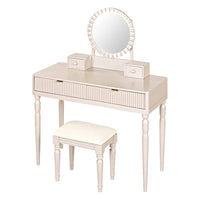 Coiffeuse de luxe avec miroir rond, hauteur réglable, ensemble coiffeuse élégant, 4 tiroirs et tabouret