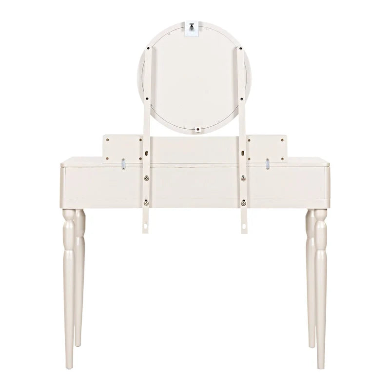 Coiffeuse de luxe avec miroir rond, hauteur réglable, ensemble coiffeuse élégant, 4 tiroirs et tabouret