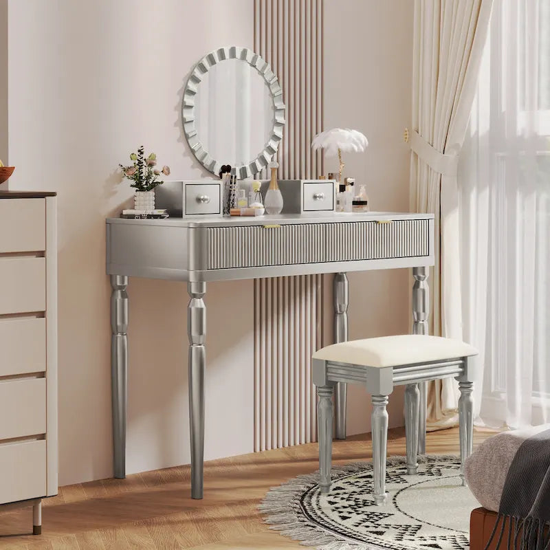 Coiffeuse de luxe avec miroir rond, hauteur réglable, ensemble coiffeuse élégant, 4 tiroirs et tabouret