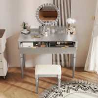Coiffeuse de luxe avec miroir rond, hauteur réglable, ensemble coiffeuse élégant, 4 tiroirs et tabouret