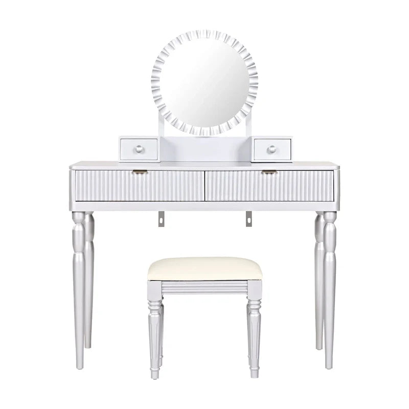 Coiffeuse de luxe avec miroir rond, hauteur réglable, ensemble coiffeuse élégant, 4 tiroirs et tabouret