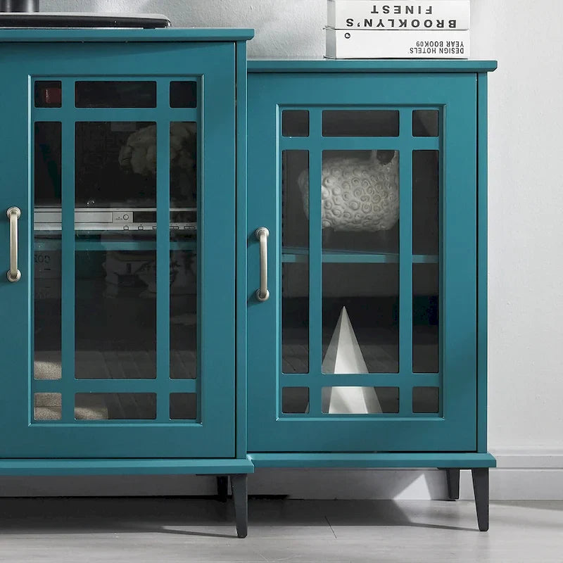 Meuble TV 62 po bleu sarcelle avec portes et étagères en verre pour salon