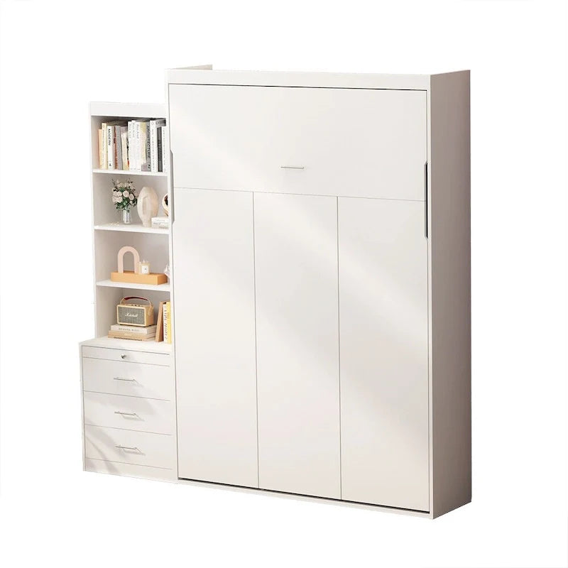 Lit escamotable blanc pleine grandeur avec étagères et tiroirs intégrés - Mécanisme à vérins à gaz