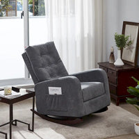 Fauteuil à bascule moderne 28.74 à dossier haut rembourré capitonné à boutons avec pieds en bois massif et poche latérale
