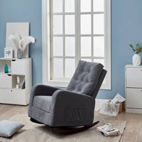 Fauteuil à bascule moderne 28.74 à dossier haut rembourré capitonné à boutons avec pieds en bois massif et poche latérale