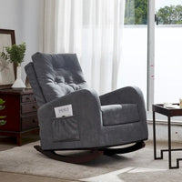 Fauteuil à bascule moderne 28.74 à dossier haut rembourré capitonné à boutons avec pieds en bois massif et poche latérale